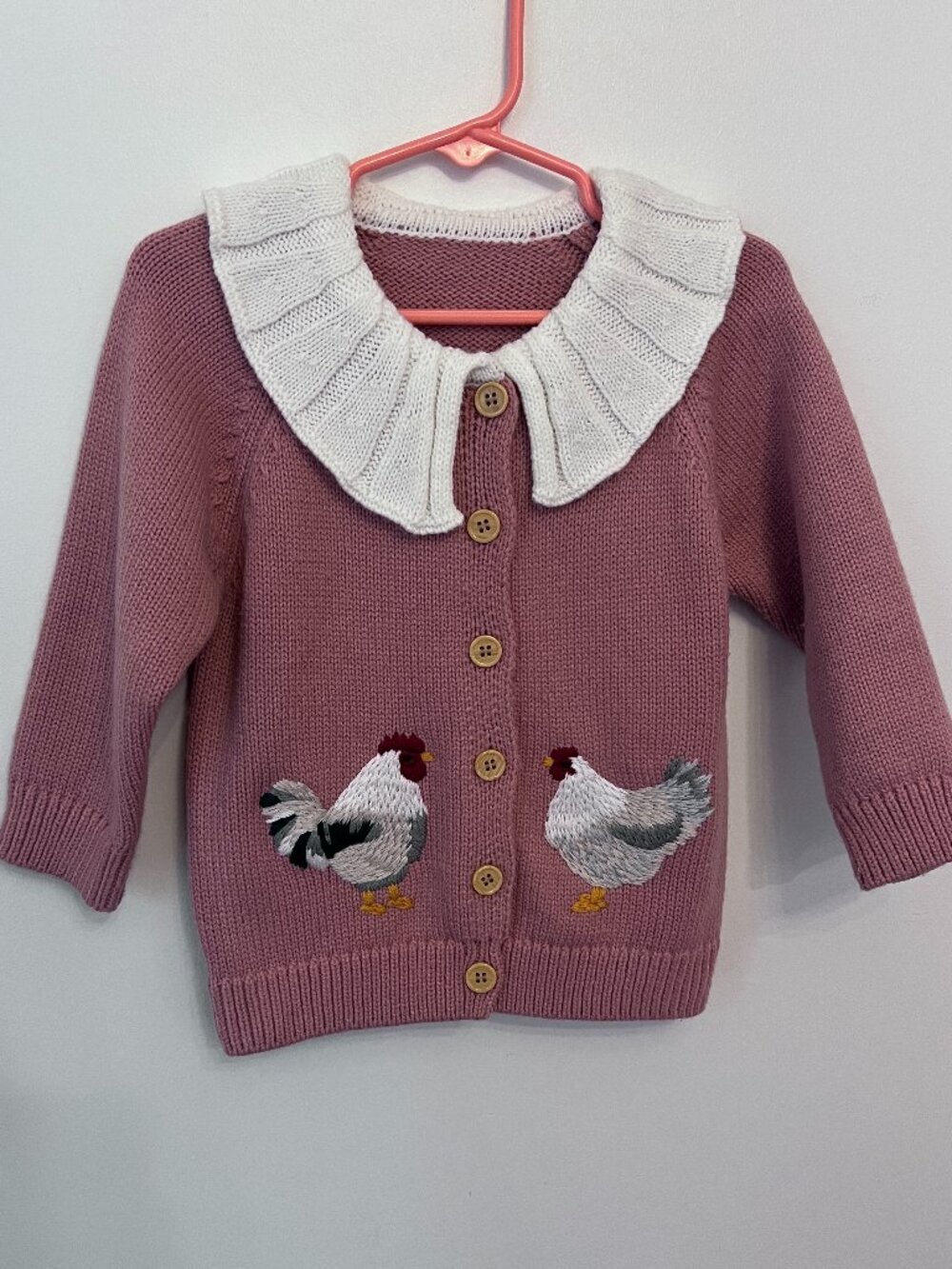 Pink Ruffle Collar Chicken Knit Cardigan Sweater 18-24M
